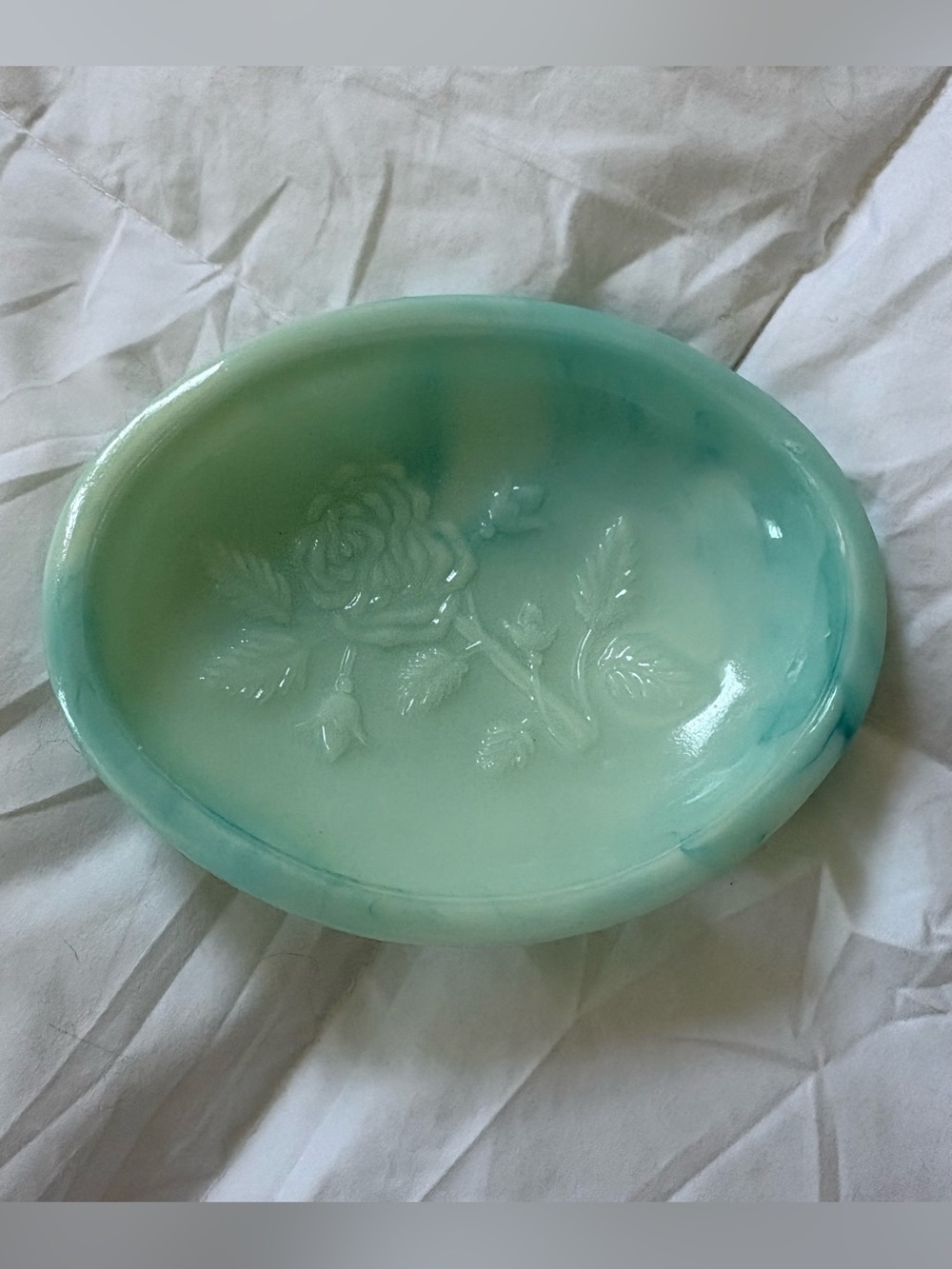 Vintage Floral Embossed Aqua Glass Dish Avon